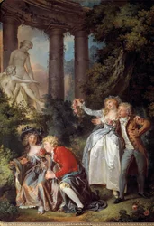 Erbjuder en Galante Venus-scen i ett romantiskt landskap av antika ruiner. Målning av Louis Trinquesse (1746-1800) 1786 sön. 1,30 x 0,98 m. Dijon. Museum of Fine Arts