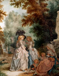 Gå i parken Eleganta unga kvinnor under en stunds avkoppling i en trädgård. Akvarell av Louis Trinquesse (1746-1800) 1700-talet. Paris, Musée Carnavalet