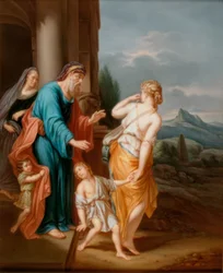 Sarah med barnet framför porten och Hagar