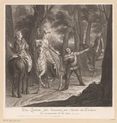 Don Quijote låter Sancho be hertiginnan om lov att få träffa henne Don Quichotte fait demander par Sancho ala Duchesse ca permission de la voir (titel på objekt) Historia om Don Quijote från La Mancha (serietitel)