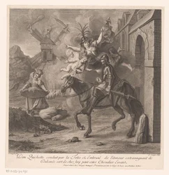 Don Quijote, åtföljd av Dårskapen, lämnar sitt hus för att bli en vandrande riddare Don Quijote ledning par la Folie et embrasé de l