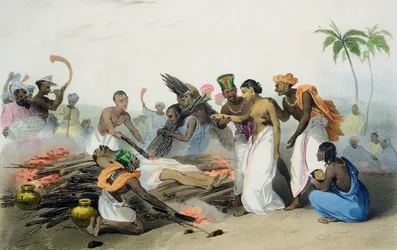 Suttee, plåt 3 från bok 15 av "Franska Indien" av M.E. Burnouf, graverad av Jean Henri Marlet (1770-1848) och Co., 1827-35