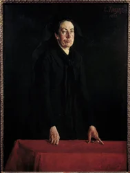Commune de Paris: "" Porträtt av Louise Michel (1830-1905) vid podiet"" Den militanta anarkisten vid domstolen under hennes rättegång. Målning av Louis Tinayre (1861-1942) 1882 Sön. 1,29x0,95 m Paris, Musee Carnavalet OBS! Användning av detta arbete kan va
