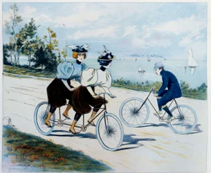Söndagspromenad. Cykeltur: en man på cykel tittar på två kvinnor på en tandem. Teckning av Louis Vallet (1856 -?)