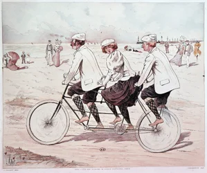 Tandem, tre personer som cyklar på stranden - teckning av L. Vallet