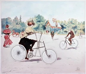 Kvinna på cykel - teckning av L. Vallet