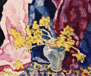 Blå vas, gula blommor och gardiner, ca 1938 (olja på duk)