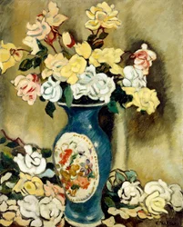 Bukett röda rosor i en blå vas, ca 1920 (olja på duk)
