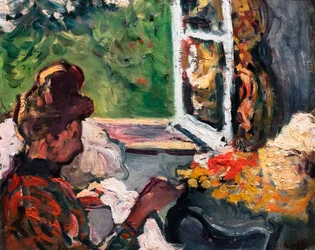 Kvinna som sitter vid fönstret, detalj, ca 1903 (olja på papp)