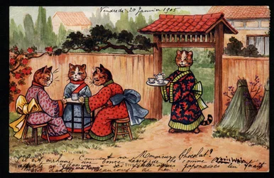 Djur i mänsklig ställning. Katt i kimono dricker te i en japansk trädgård. Vykort. Kromolitografi av Louis Wain (1860-1939), en engelsk konstnär känd för sin skildring av katter med stora ögon. Början av 1900-talet. Samling pr