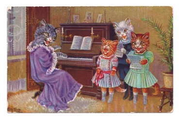 Edwardianskt vykort med fyra katter i människokläder kring ett piano som sjunger tillsammans, omkring 1910