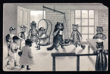 Vi tar vara på det fina vädret. Djur i mänsklig ställning. Kattjockey vägs på en våg. Vykort. Kromolitografi av Louis Wain (1860-1939), en engelsk konstnär känd för sin skildring av katter med stora ögon. Början av 20