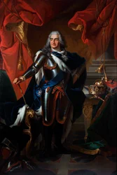 Porträtt av Frederic-Auguste (Frederic Auguste) av Sachsen, känd som den starke (1670-1733) sedan Auguste II kung av Polen (Porträtt av Frederick Augustus av Polen och Sachsen (1670-1733)) Målning efter Louis de Silvestre (1675- 1760) Olja på duk - State A