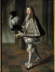 Porträtt en pied av Louis Alexandre de Bourbon, greve av Toulouse i nybörjarklänning av den Helige Ande (Den Helige Andes Orden) (1678-1737), legitim son till Ludvig XIV och Francoise Athenais (Francoise-Athenais) av Rochechouart Mortemart, Marquise av Mon