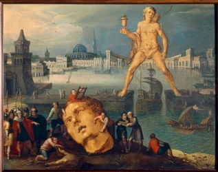 Världens sju underverk: "" The Colossus of Rhodes"" (Colosso di Rodi) Målning av Louis de Caullery (känd som Mästaren på Leningrads skissbok) (cirka 1580- efter 1621) 1600-talets sön. 0,35x0,46 m