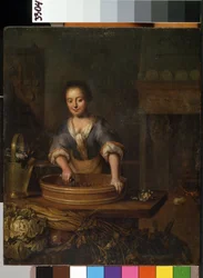 ""Kocken"" (Kocken) En ung kock i ett lantkök som förbereder kål. Målning av Louis de Moni (1698-1771) Mikalojus Konstantinas Ciurlionis Fine Arts Museum, Kaunas, Litauen