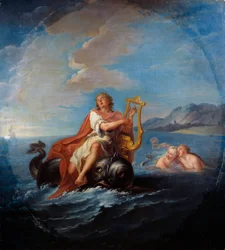 Arion spelar lyra. Arion de Methymne är en grekisk poet från 700-talet f.Kr. Målning av Louis De Silvestre (1675-1760)