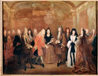 Kung av Frankrike Ludvig XIV tar emot prins Fredrik Augustus I i slottet Fontainebleau (Målning