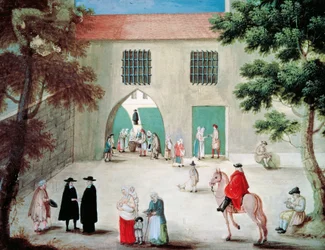 Att hjälpa fattiga framför klostret Port-Royal des Champes, av Louise-Magdeleine Hortemels (1688-1767), gouache, Frankrike