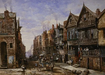 Chester: Watergate Street från Corner of Crook Street, med Eastgate Beyond,