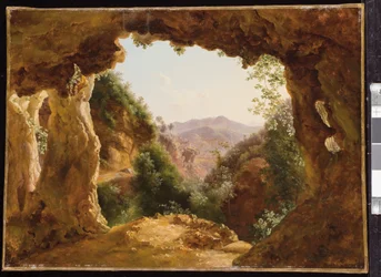 En grotta i ett stenigt landskap (olja på papper monterad på duk)