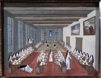 Nunnor i matsalen i Abbey of Port-Royal-des-Champs (Gouache