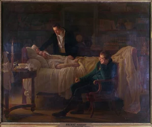 Marie Francois Xavier Bichat (1771-1802) döende omgiven av läkarna Esparon och Philibert Joseph Roux (1780-1854)