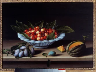 Bägare körsbär, plommon och melon Målning av Louise Moillon (1610-1696) 1633 Sön. 0,48x0,65 m