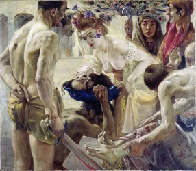 Salome. Den bibliska hjältinnan tar emot Johannes Döparens huvud på ett fat, klädd i dansdräkt, vilket Herodes erbjuder henne som belöning för hennes behag.