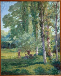 Par på gräset under en poppel Målning av Loys Prat (1879-1934), 1900-talet. Olja på duk. Donzere, Rådhuset.