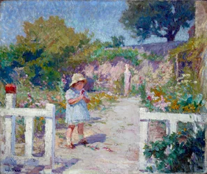 Liten flicka i trädgården Målning av Joseph Loys Prat (1879-1934), 1900-talet.