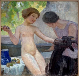 Naken flicka leker med en get Målning av Joseph Loys Prat (1879-1934), 1900-talet. Olja på duk. Donzere, Rådhuset.