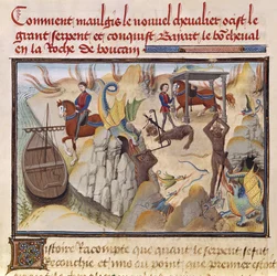 Ms 5072 fol.37v Maugis Fighting the Serpent and Gaining the Enchanted Horse, Bayard, från Renaud de Montauban-cykeln