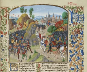 Drottning Philippa av Hainault före slaget vid Nevilles kors den 17 oktober 1346, ca 1470-1475.