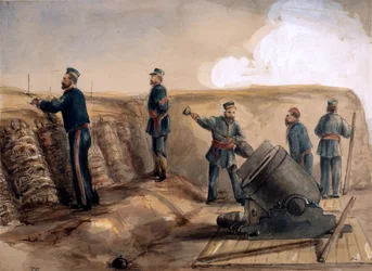 En 13-tums granatkastare från det kungliga artilleriet i aktion, 1855 (wc över blyerts på papper)