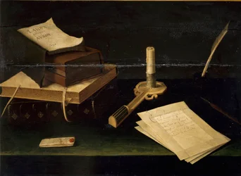 Stilleben av böcker, fjäder, brev och ljusmålning av Lubin Baugin (1610-1663) 1600-talets Rom Galleria Spada
