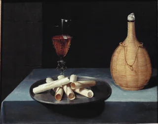 Stillebenswaferdessert av kex, vinflaska och glas - olja på duk