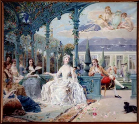 Mademoiselle de Clermont och greven av Melun vid paviljongen Sylvie nära Chantilly Dessa är de två huvudpersonerna i Theophile de Viaus dikter. Målning av Luc Olivier Merson (1846-1920) 1895 sön. 1,88x2,10 m Chantilly, Musee Conde