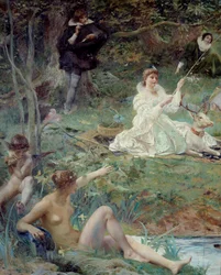 Marie F. des Ursins, hertiginna av Montmorency och poeten Theophile de Viau i Chantilly vid Sylvie Details paviljong. Målning av Luc Olivier Merson (1846-1920) 1895 sön. 1,88 X 2,10 m Chantilly, Musee Conde