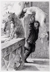 Quasimodo ableve Esmeralda - i "Notre Dame de Paris"" av Victor Hugo av Luc Olivier Merson, graverad av Gery Bichard, ed. E. Testard, Paris