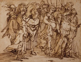 Amazoner med en häst i procession till höger (penna och bläck)