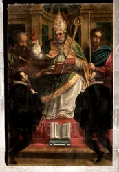 Genua, Duomo (St Lawrence Cathedral): "St Gotthard mellan St Paul och St James och två knästående hängivna" (1571), av Luca Cambiaso (med ommålningar av Carlo Giuseppe Ratti)