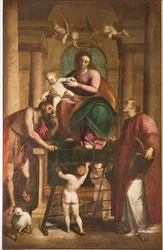 Genua, Duomo (St Lawrence Cathedral), inuti, Baptistery (tidigare Church of St John the Old): "Madonna and Child between St John the Baptist and St Lawrence", av Luca Cambiaso, Oljemålning på panel