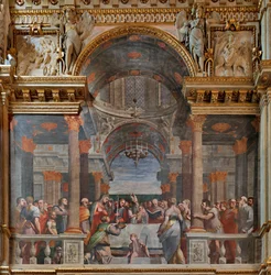Genua, Duomo (St. Lawrence-katedralen), inuti, Lercari-kapellet eller det heliga sakramentets kapell (norra absiden), norra sidan: "Presentationen i templet", fresk av Luca Cambiaso