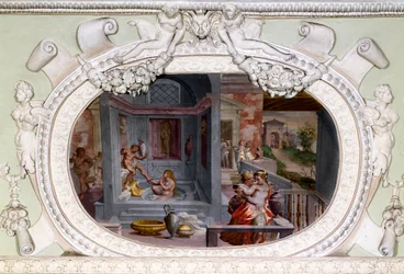 Scener av bad, förförelse. Fresk av Luca Cambiaso (1527-1585)