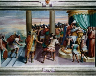 The Rape of Sabine (1500-talet), av Luca Cambiaso (1527-1585), fresk, Villa Imperiale, Genua, Ligurien, Italien Detalj