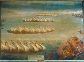 Sjöslaget vid Lepanto 1571, i vilket den kejserliga flottan under Don Juan d