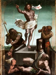 Uppståndelsen. Jesus Kristus håller en korsstav, i vars ände en vit flagga (fana) märkt med ett rött kors vajar. 1500-talet, Taggia, Santuario della Madonna Miracolosa