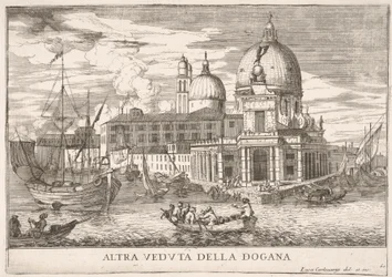 Skylt 61: Utsikt över tullhuset Dogana da Mar vid sammanflödet av Canal Grande a..., 1703.