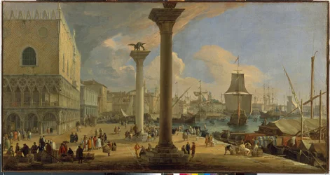 Molo och hertigpalatset (Venedig, Italien) - Målning av Luca Carlevaris (1663-1730), olja på duk, ca 1710, 64x121 cm - Molo med hertigpalatset, Olja på duk av Luca Carlevaris - Eremitaget, St. -Petersburg